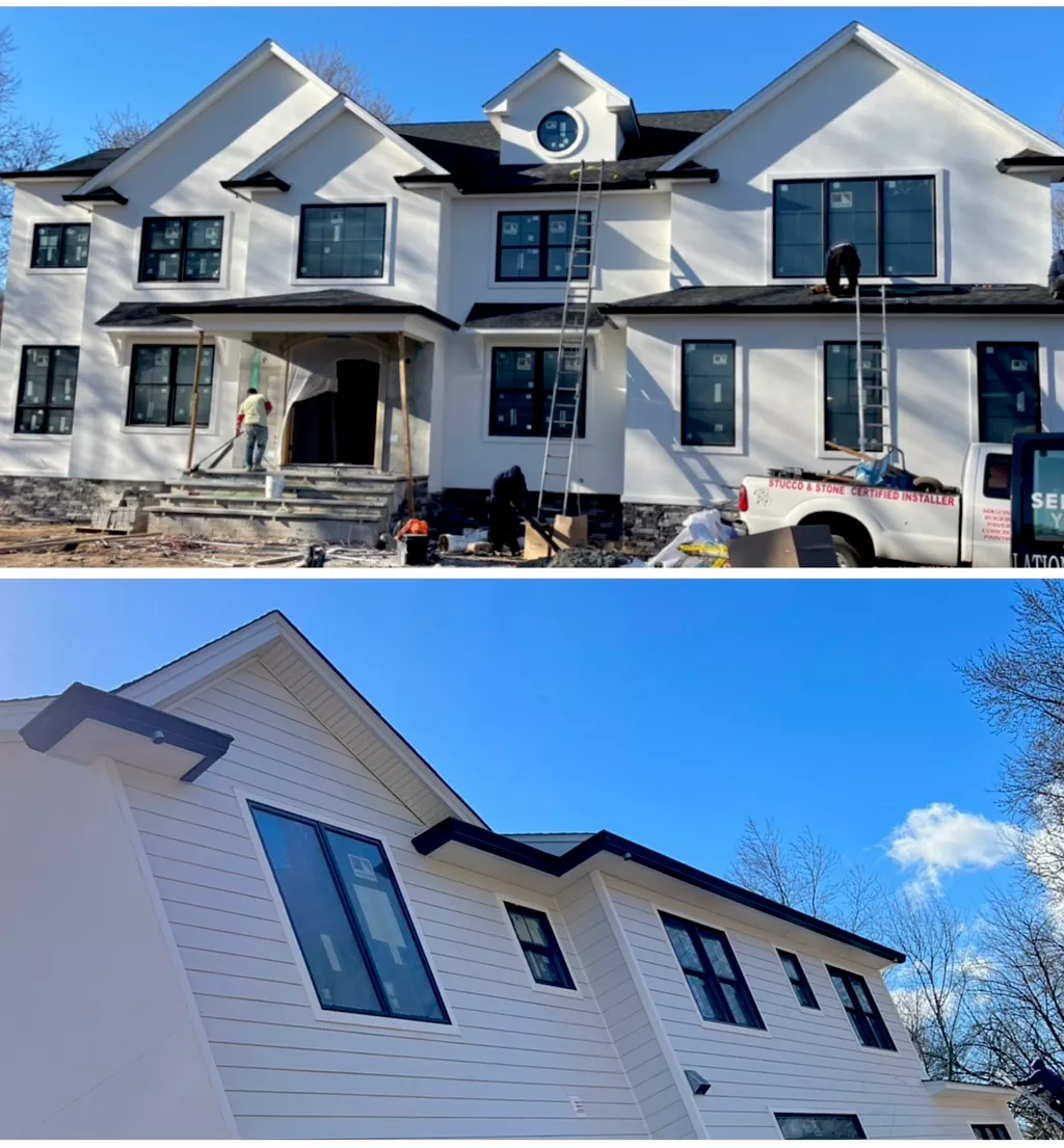 Modern new construction white siding black gutters black trim NJ