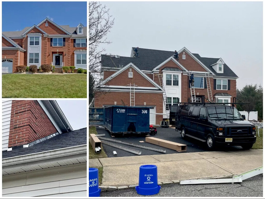 Brick colonial before during and flashing detail full roof NJ