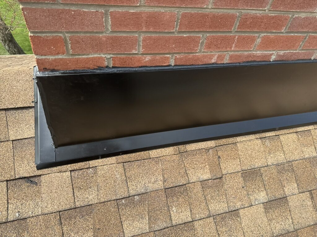 Chimney counter flashing red brick tan shingles black metal NJ