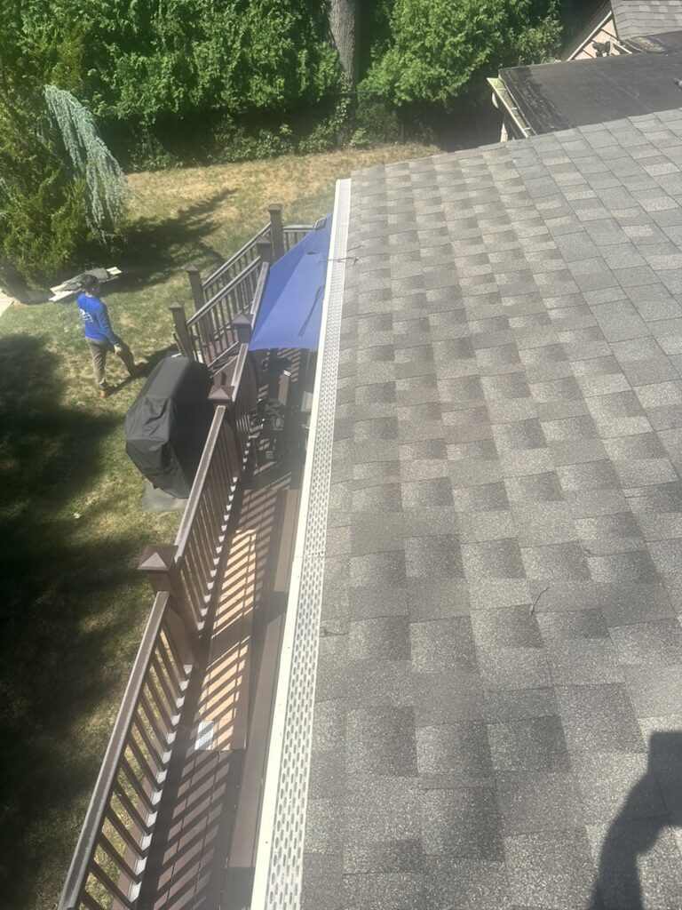 Gray shingles gutter guards aerial deck view NJ